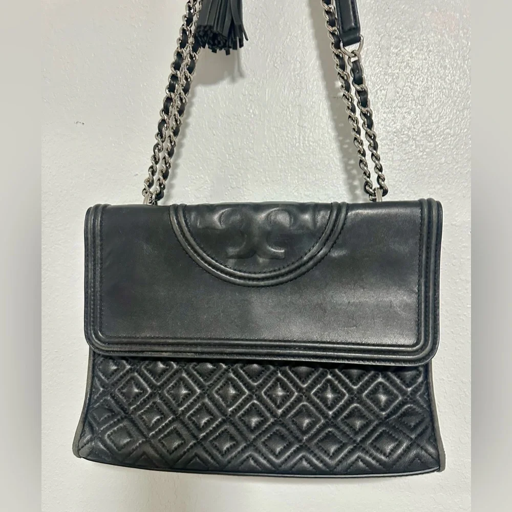 Tory Burch Fleming Shoulder Bag Black/silver Crossbody Chain Strap